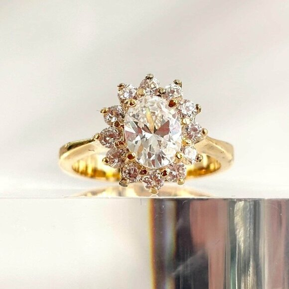 Sterling Silver Gilt Halo Sunray Cubic Zirconia Gemstone Vintage Ring - sz 7 - Picture 1 of 8